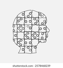 Puzzles parts in woman head challenge logic, creativity, skills. Silhouette female face for psychology, brain activity, mental health or disorder well-being. Template jigsaw puzzle for infographic