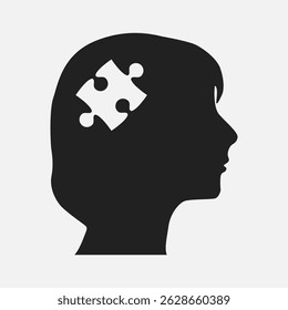 Puzzles parts in woman head challenge logic, creativity, skills. Silhouette female face for psychology, brain activity, mental health and well-being. Template jigsaw puzzle for infographic, diagram