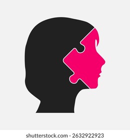 Puzzles parts in woman head challenge logic, creativity, skills. Silhouette female face for psychology, brain activity, mental health and well-being. Template jigsaw puzzle for infographic, diagram