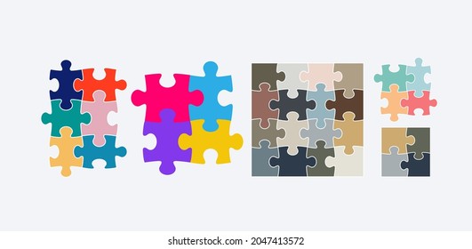 Puzzles pieces connection game toy. Set of Logo, design solution puzzle concept. Flat vector illustration. Isolated on white background.