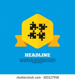 Puzzles pieces sign icon. Strategy symbol. Ingenuity test game. Yellow label tag. Circles seamless pattern on back. Vector