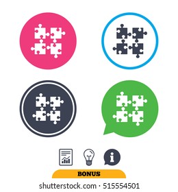Puzzles pieces sign icon. Strategy symbol. Ingenuity test game. Report document, information sign and light bulb icons. Vector