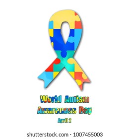 Puzzles and Ribbon with World Autism Day. Vector illustration on isolated background.