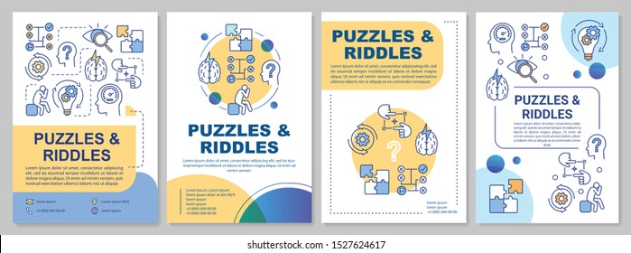 Puzzles and riddles brochure template. Escape room flyer, booklet, leaflet print, cover design with linear illustrations. Vector page layouts for magazines, annual reports, advertising posters