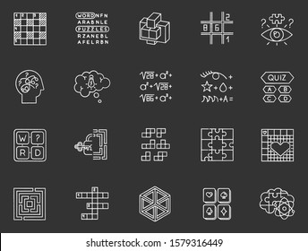 Puzzles and riddles chalk icons set. Mental exercise. Challenge. Language, vocabulary, intelligence test. Brain teaser. Problem solving. Solution finding. Isolated vector chalkboard illustrations