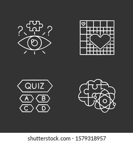 Puzzles and riddles chalk icons set. Trivia quiz. Nonogram. Logic games. Problem solving process. Mental exercise. Visual brain teasers. Solution finding. Isolated vector chalkboard illustrations