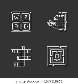 Puzzles and riddles chalk icons set. Missing letter game. Maze, labirynth. Crossword. Logic games. Mental exercise. Challenge. Brain teaser. Solution finding. Isolated vector chalkboard illustrations