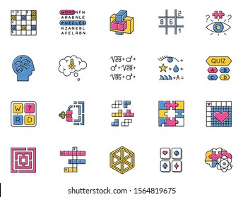 Puzzles and riddles color icons set. Mental exercise. Challenge. Language, vocabulary, intelligence test. Brain teaser. Problem solving. Solution finding. Isolated vector illustrations