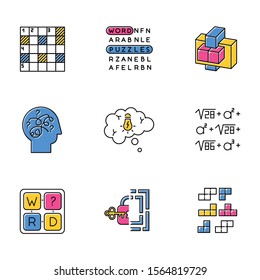 Puzzles And Riddles Color Icons Set. Construction, Word Puzzle. Crossword. Math Problem. Puzzled Mind. Logic Games. Mental Exercise. Brain Teaser. Solution Finding. Isolated Vector Illustrations