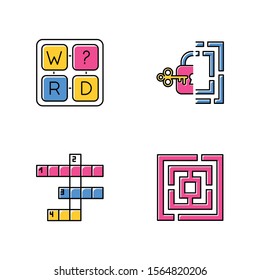 Puzzles and riddles color icons set. Missing letter game. Maze, labirynth. Crossword. Logic games. Mental exercise. Challenge. Brain teaser. Solution finding. Isolated vector illustrations