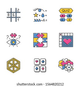 Puzzles and riddles color icons set. Sudoku. Trivia quiz. Nonogram. Optical illusion. Jigsaw. Logic games. Mental exercise. Challenge. Brain teaser. Solution finding. Isolated vector illustrations