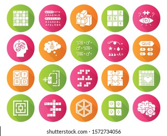 Puzzles and riddles flat design long shadow glyph icons set. Mental exercise. Challenge. Language, vocabulary, intelligence test. Brain teaser. Problem solving. Vector silhouette illustration