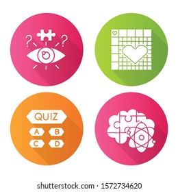 Puzzles and riddles flat design long shadow glyph icons set. Trivia quiz. Nonogram. Logic games. Problem solving. Mental exercise. Challenge. Visual brain teasers. Vector silhouette illustration