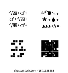 Puzzles and riddles glyph icons set. Rebus. Block puzzle, tile matching. Jigsaw. Logic games. Mental exercise. Challenge. Brain teaser. Silhouette symbols. Vector isolated illustration