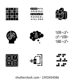 Puzzles and riddles glyph icons set. Construction, word puzzle. Crossword. Math problem. Puzzled mind. Logic games. Mental exercise. Brain teaser. Silhouette symbols. Vector isolated illustration