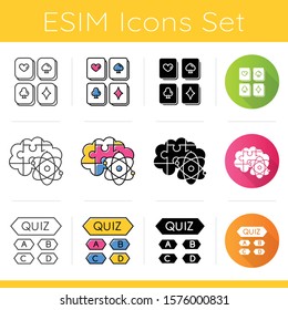 Puzzles and riddles icons set. Playing cards, science puzzle. Trivia quiz. Logic games. Mental exercise. Brain teaser. Flat design, linear, black and color styles. Isolated vector illustrations