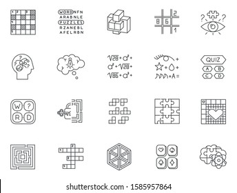 Puzzles and riddles linear icons set. Mental exercise. Challenge. Language, vocabulary test. Brain teaser. Thin line contour symbols. Isolated vector outline illustrations. Editable stroke