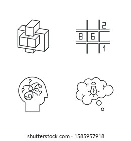 Puzzles and riddles linear icons set. Sudoku. Puzzled mind. Problem solving process. Thought bubble. Mechanical puzzle. Thin line contour symbols. Isolated vector outline illustration. Editable stroke