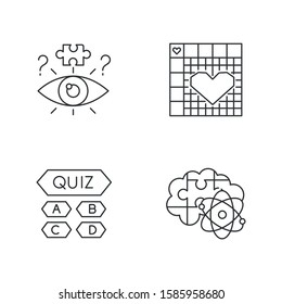 Puzzles and riddles linear icons set. Trivia quiz. Nonogram. Logic game. Problem solving process. Visual brain teaser. Thin line contour symbols. Isolated vector outline illustrations. Editable stroke