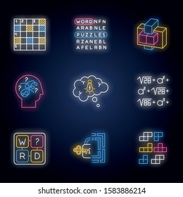 Puzzles and riddles neon light icons set. Construction, word puzzle. Crossword. Math problem. Puzzled mind. Logic games. Mental exercise. Brain teaser. Glowing signs. Vector isolated illustrations