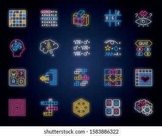 Puzzles and riddles neon light icons set. Mental exercise. Challenge. Language, vocabulary, intelligence test. Brain teaser. Problem solving. Glowing signs. Vector isolated illustrations