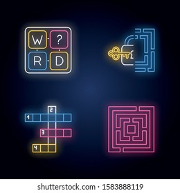 Puzzles and riddles neon light icons set. Missing letter game. Maze, labirynth. Crossword. Logic games. Mental exercise. Brain teaser. Solution finding. Glowing signs. Vector isolated illustrations