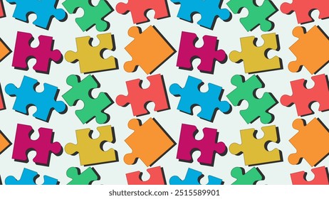 Puzzles seamless pattern. Colorful 3d puzzle pieces with shadows. Creativity and diversity concept. Teamwork and idea finding concept. Bright colored puzzles background.
