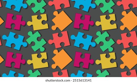 Puzzles seamless pattern. Colorful 3d puzzle pieces with shadows. Creativity and diversity concept. Teamwork and idea finding concept. Bright colored puzzles on a dark grey background.