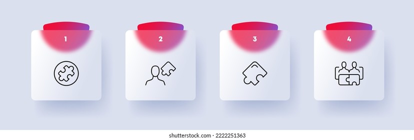Icono de ajuste de rompecabezas. Idea creativa, resolución de problemas, realización de tareas, interrogatorio, acertijo, acertijo, rompecabezas, piezas, trabajo en equipo, pareja, filosofía, psicología, psicoterapia. Pensar en el concepto. Glasmorfismo