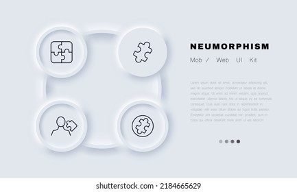 Puzzles set icon. Solve problems, perform tasks, man, employee, conundrum, occupation. Creativity concept. Neomorphism style. Vector line icon for Business and Advertising.