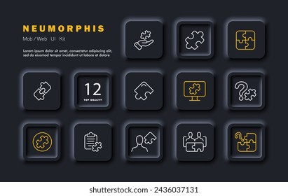 Puzzles set icon. Whole work, puzzle, task, missing piece, proposal of an option, social interaction, computer, document. Concept of problems and their solutions. Neomorphism style. Vector line icon