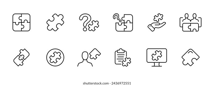 Puzzles set icon. Whole work, puzzle, task, riddle, missing piece, proposal of an option, social interaction, computer, document. Concept of problems and their solutions. Vector line icon.