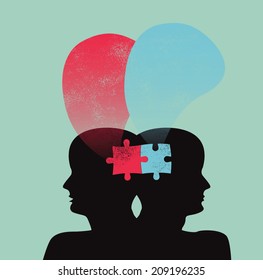 Puzzles with silhouette people and speech bubble. Communication concept 