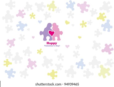 Puzzles with silhouettes of men and women are held together by a heart
