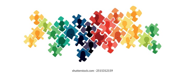 Puzzles with silhouettes of people inside. Different people together. Modern design.