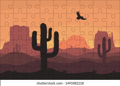 Puzzles template with rectangle grid and desert landscape, cactuse and mountains. Jigsaw puzzle 9x6 size with 54 pieces with desert nature illustration. Template for mosaic background. Vector.