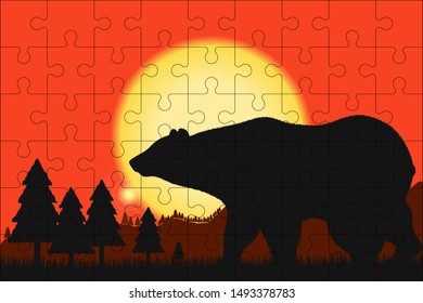 Puzzles template with rectangle grid and silhouette of a bear at sunset. Jigsaw puzzle 9x6 size with 54 pieces with bear and nature illustration. Template for mosaic background. Vector.