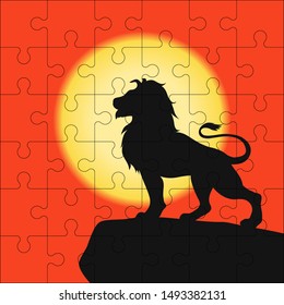 Puzzles template with square grid with illustration of lion on a rock. Jigsaw puzzle 6x6 size - 36 pieces with African Safari print. Mosaic background with join details. Vector.