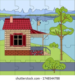 Puzzles Vector image of a summer cartoon landscape with a wooden house, tree, river, sky. A house under a tiled roof, with a porch and a veranda, window shutters. On the roof is a birdhouse birdhouse.