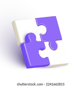 Puzzles violet color in isometric style. Teamwork icon isolated on white background. Single image of success connection in 3d design. Creative symbol for online chat app, web user. Vector illustration