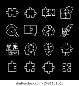 Puzzles, white line icons. Puzzle pieces and parts, perfect for educational and recreational themes. Symbols on black background. Editable stroke.