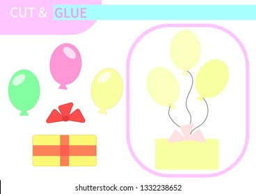 Puzzle-time, mini-game "cut and glue": Easter gift box with a bow and pastel balls. Template for gluing. Print and play