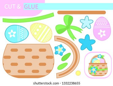 Puzzle-time, mini-game "cut and glue": Easter spring basket with eggs, flowers and a bow. Print and play