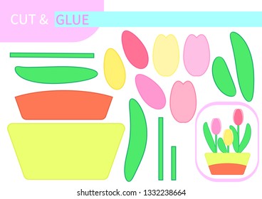 Puzzle-time, mini-game "cut and glue": spring Easter tulips in a pot. Print and play, activity, entertainment for children