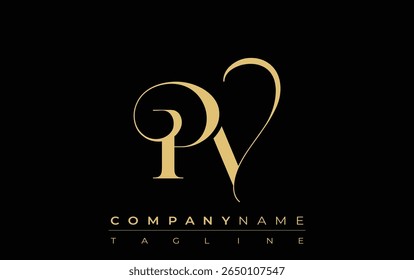 PV Abstract Creative Jewelry Logo. A stylish logo featuring golden monogram initials in an elegant and modern typography, perfect for branding