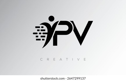 PV Creative Digital Monogram Logo – Futuristic Letter mark Design Featuring Human Shape, Pixel Motion and Minimal Tech Style for Innovative Branding Identity