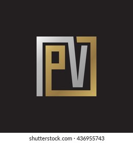 PV initial letters looping linked square elegant logo golden silver black background
