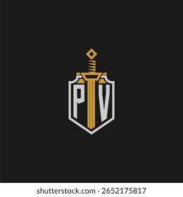 Monograma inicial PV para imagem de escudo e espada