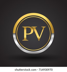 PV Letter logo in a circle, gold and silver colored. Vector design template elements for your business or company identity.