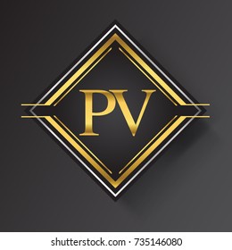 PV Letter logo in a square shape gold and silver colored geometric ornaments. Vector design template elements for your business or company identity.